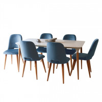 Manhattan Comfort 2-10155511020563 7-Piece HomeDock 62.99 Dining Set with 6 Selina Accent Velvet Chairs in Off White and Blue